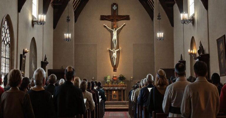 Tradycyjny wnętrze kościoła z krzyżem w centrum, ukazujące moment modlitwy grupy ludzi w tradycyjnych strojach, wyrażające pokorę i smutek z powodu kryzysu finansowego jako konsekwencji odrzucenia Chrystusa Króla.