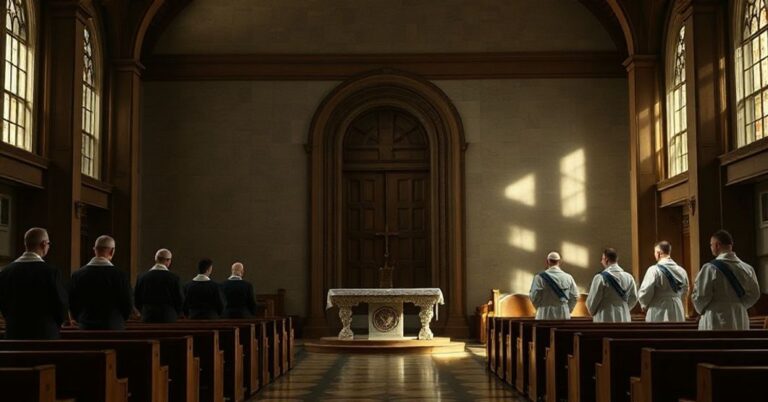 Wnętrze kaplicy katolickiej z zamkniętym ołtarzem i grupą seminarzystów w modlitwie, symbolizujące kryzys formacji kapłańskiej w diecezji Wamba.