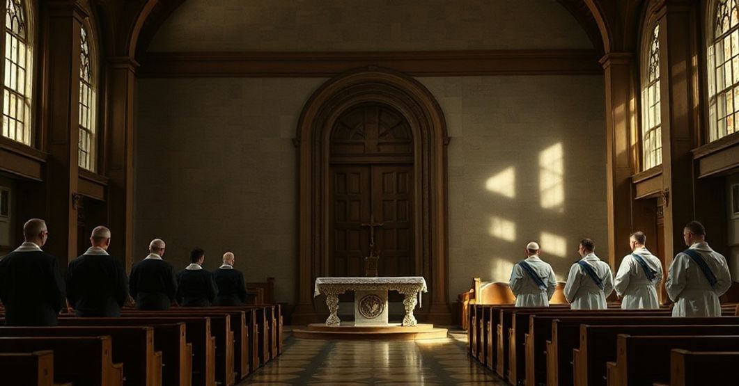 Wnętrze kaplicy katolickiej z zamkniętym ołtarzem i grupą seminarzystów w modlitwie, symbolizujące kryzys formacji kapłańskiej w diecezji Wamba.