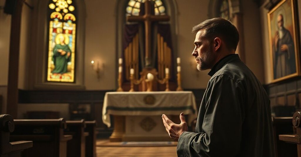 Prawdziwy katolicki kleryk w tradycyjnym habitie modli się przed Najświętszym Sakramentem w starej kaplicy z trydentyńskim ołtarzem.