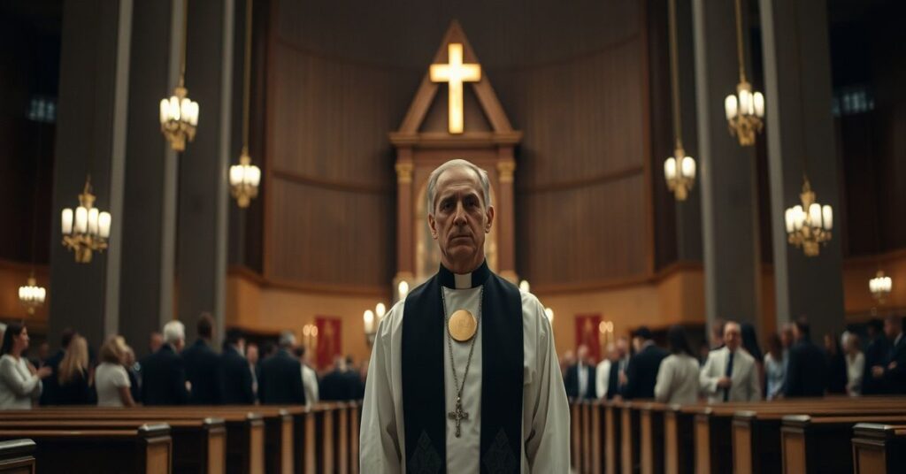 Wnętrze katolickiego kościoła z pustym tabernakulum podczas Wielkiego Czwartku. Na pierwszym planie modernistyczny duchowny Józef Kupny bez tradycyjnych szat liturgicznych. Ryt nowego porządku mszy w tle.