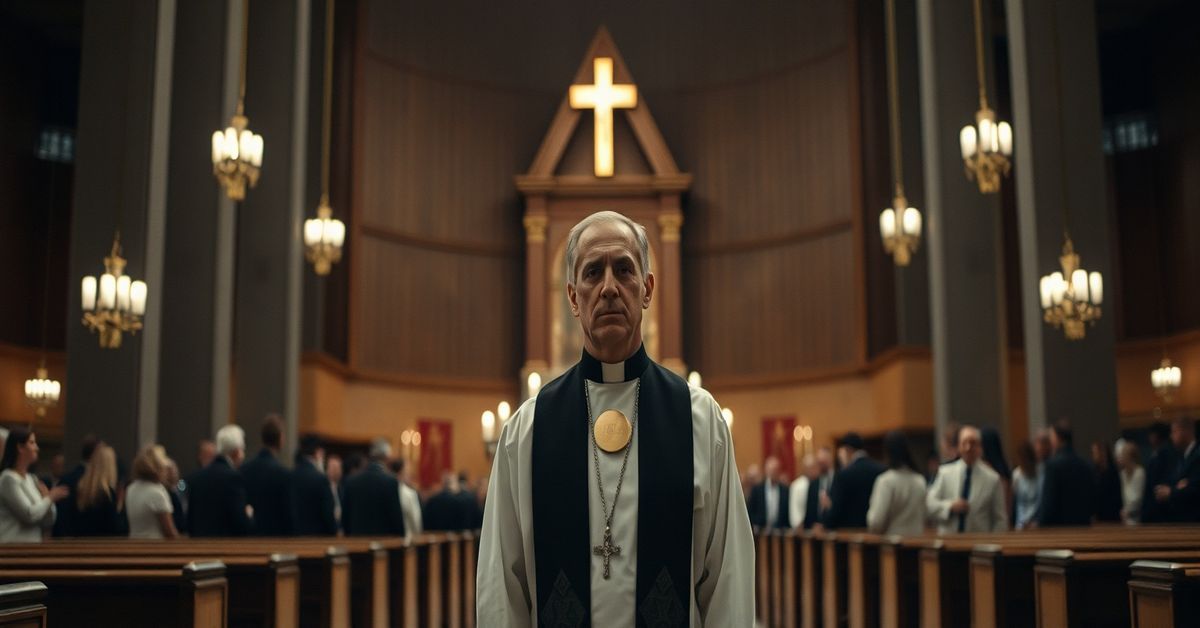 Wnętrze katolickiego kościoła z pustym tabernakulum podczas Wielkiego Czwartku. Na pierwszym planie modernistyczny duchowny Józef Kupny bez tradycyjnych szat liturgicznych. Ryt nowego porządku mszy w tle.