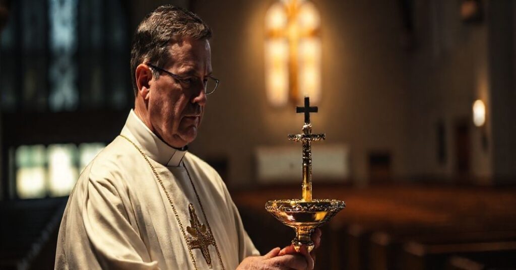 Ksiądz w tradycyjnych ornatach liturgicznych, trzymający monstrancję z Najświętszym Sakramentem, w ciemnym wnętrzu kościoła, symbolizujący kryzys kapłaństwa w czasach współczesnych.