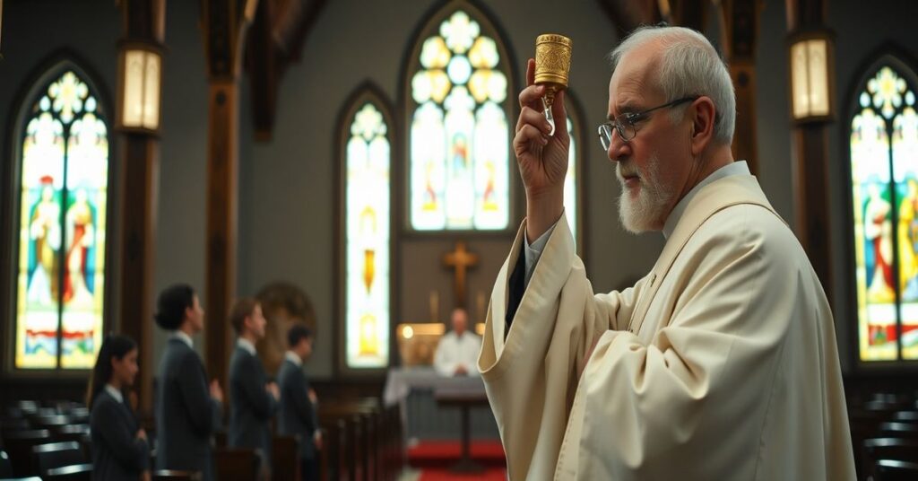 Kaplica katolicka z tradycyjną mszą świętą w czasie konsekracji. Kapłan w szatach liturgicznych podnosi hostię.