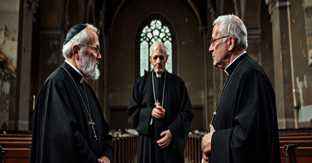 Duchowni katoliccy w starej, poważnej scenerii, konfrontujący się z modernistycznym duchownym w zniszczonym wnętrzu kościoła, symbolizujący kryzys moralny i doktrynalny