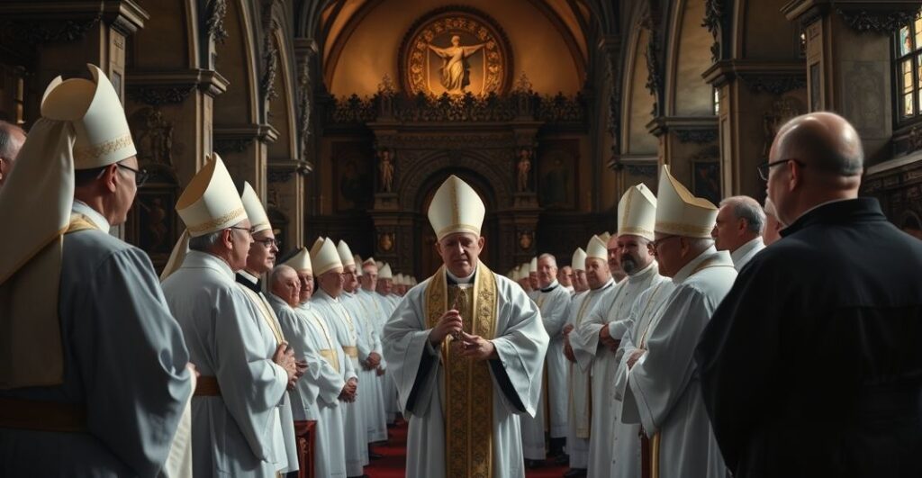 Obraz przedstawiający tradycyjnych katolickich duchownych w kościele, symbolizujący kryzys i kontrowersje w modernistycznym kościele, z powagą i refleksją
