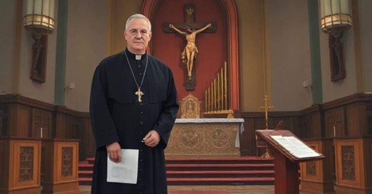 Smutny, realistyczny obraz katolickiego kapłana w głębokiej refleksji przed ołtarzem, symbolizujący kryzys w Kościele po soborze, z elementami śledztwa i duchowego rozliczenia, odzwierciedlający kontrowersje i krytykę modernistycznych praktyk.