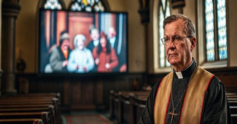 Ksiądz w tradycyjnych szatach kościelnych patrzy z troską na scenę komediową z serialu "1670", wypełniającą ekran w starożytnej polskiej katedrze.