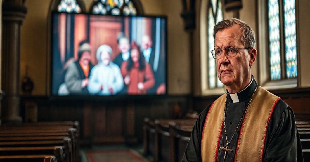 Ksiądz w tradycyjnych szatach kościelnych patrzy z troską na scenę komediową z serialu "1670", wypełniającą ekran w starożytnej polskiej katedrze.