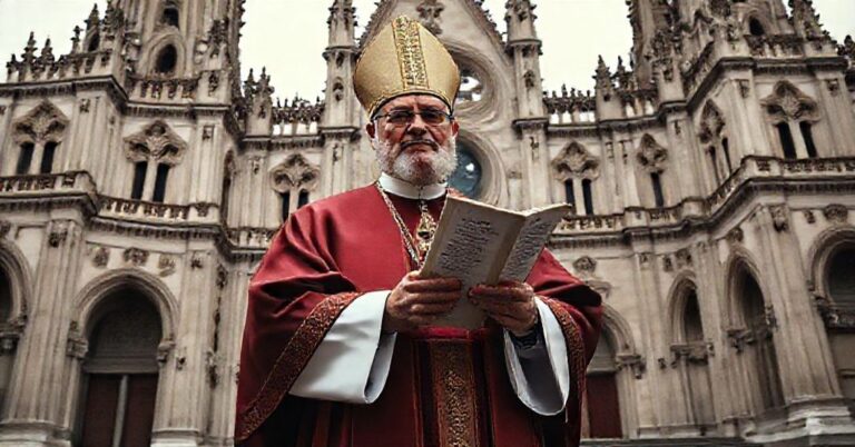 Biskup katolicki w tradycyjnych szatach liturgicznych przed katedrą, trzymający dokument Quas Primas Piusa XI, symbolizujący kryzys legitymizacji władzy i finansach