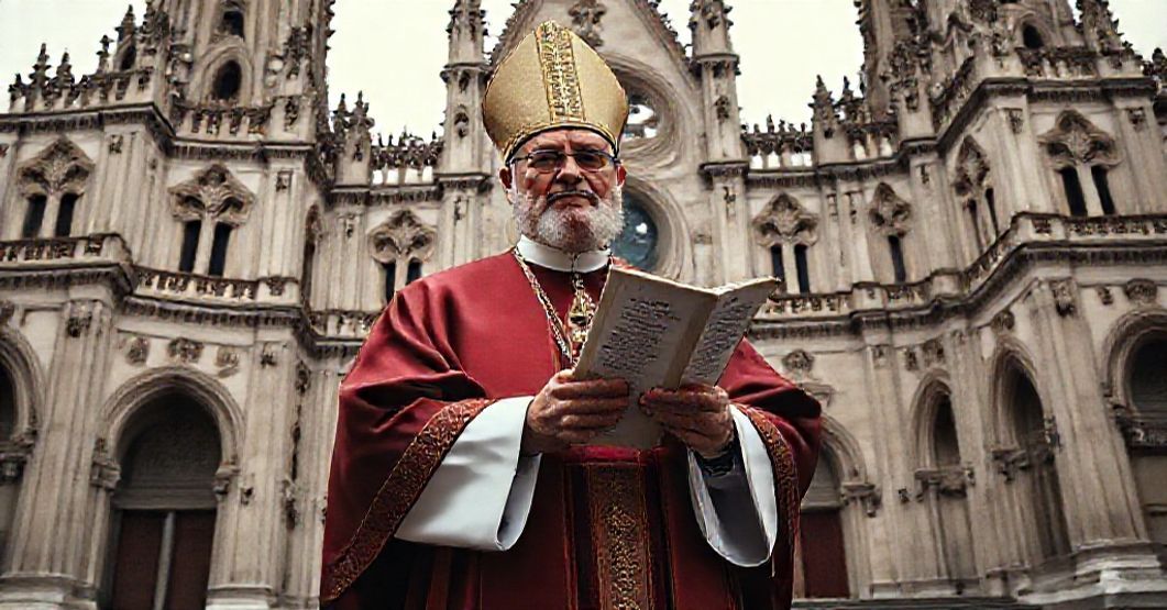 Biskup katolicki w tradycyjnych szatach liturgicznych przed katedrą, trzymający dokument Quas Primas Piusa XI, symbolizujący kryzys legitymizacji władzy i finansach