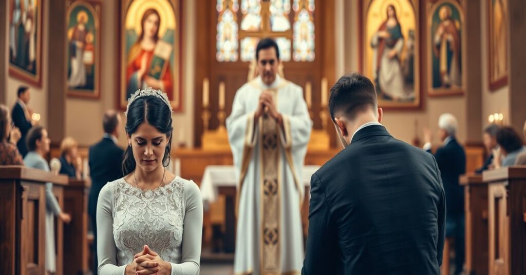 Powierzchnie młodych ludzi w tradycyjnym stroju katolickim modlący się w kościele przed księdzem, z wyrażeniem pokuty i smutku. W tle rozmyte postacie współczesnych par żyjących w grzechu, przedstawiających kryzys małżeństwa jako sakrament. Wnętrze kościoła jest bogato zdobione witrażami i ikonami religijnymi, podkreślającym świętą naturę małżeństwa. Ksiądz trzyma krzyż jako symbol potrzeby nawrócenia i przestrzegania nauki Kościoła.