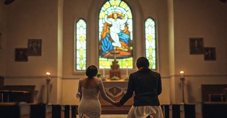 Młody katolicki parę modlących się przed ołtarzem w tradycyjnym kościele z witrażem przedstawiającym Chrystusa Króla.