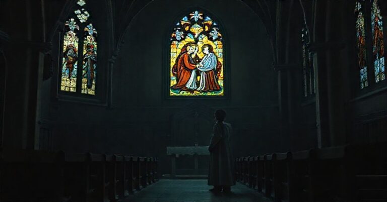 Osoba stojąca samotnie w kościele gotyckim z wizerunkiem złamanego sakramentu małżeństwa w tle.