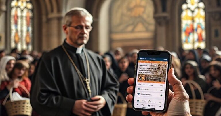 Ksiądz w tradycyjnym sutannie stoi przed tłumem z koszykami na zbiórkę, z telefonem wyświetlającym platformę crowdfundingową na pierwszym planie.