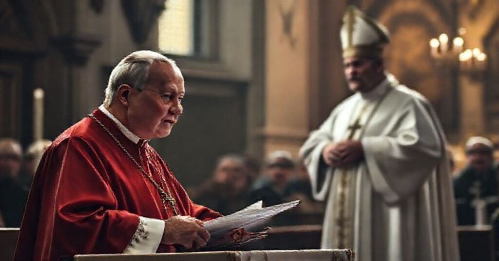 Obraz przedstawiający kryzys modernistyczny w Kościele katolickim ze szczególnym uwzględnieniem kard. Grzegorza Rysia i abp. Marka Jędraszewskiego w atmosferze liturgicznej.