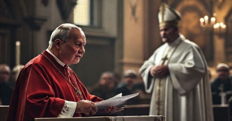 Obraz przedstawiający kryzys modernistyczny w Kościele katolickim ze szczególnym uwzględnieniem kard. Grzegorza Rysia i abp. Marka Jędraszewskiego w atmosferze liturgicznej.