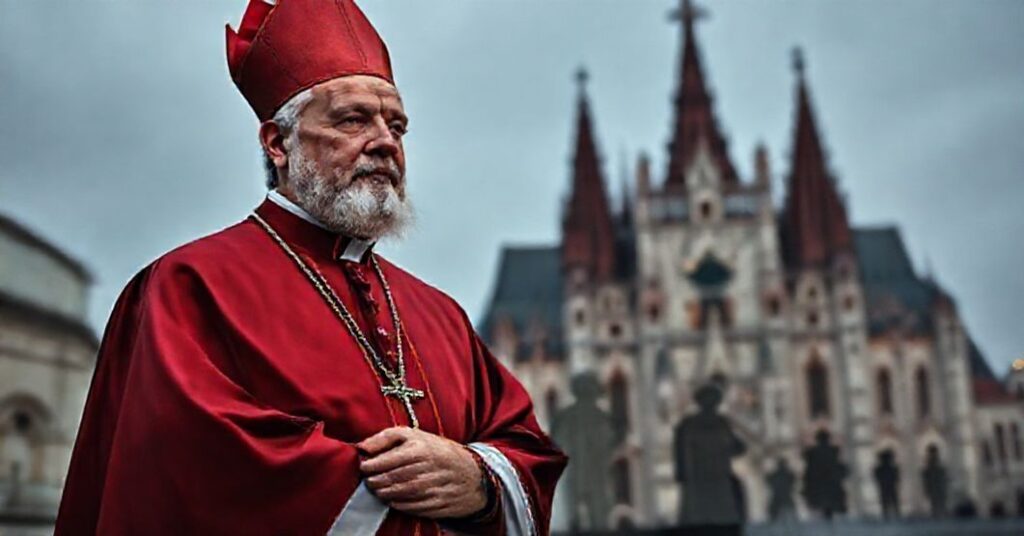 Tradycyjny katolicki biskup przed Wawel w Krakowie symbolizujący kryzys modernizmu w Kościele