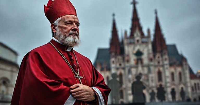 Tradycyjny katolicki biskup przed Wawel w Krakowie symbolizujący kryzys modernizmu w Kościele