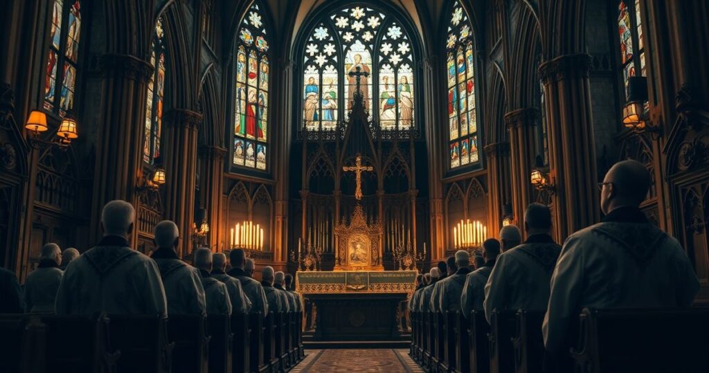 Wnętrze tradycyjnego kościoła katolickiego z duchownymi, ukazujące kryzys moralny i apostazję wobec Bożego prawa w obliczu współczesnych skandali politycznych