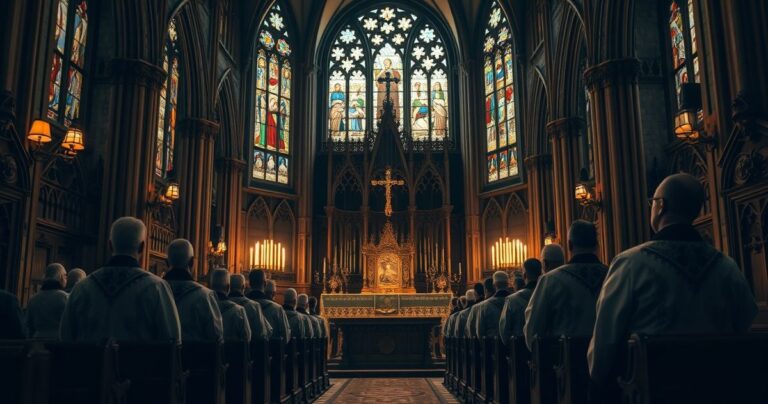 Wnętrze tradycyjnego kościoła katolickiego z duchownymi, ukazujące kryzys moralny i apostazję wobec Bożego prawa w obliczu współczesnych skandali politycznych