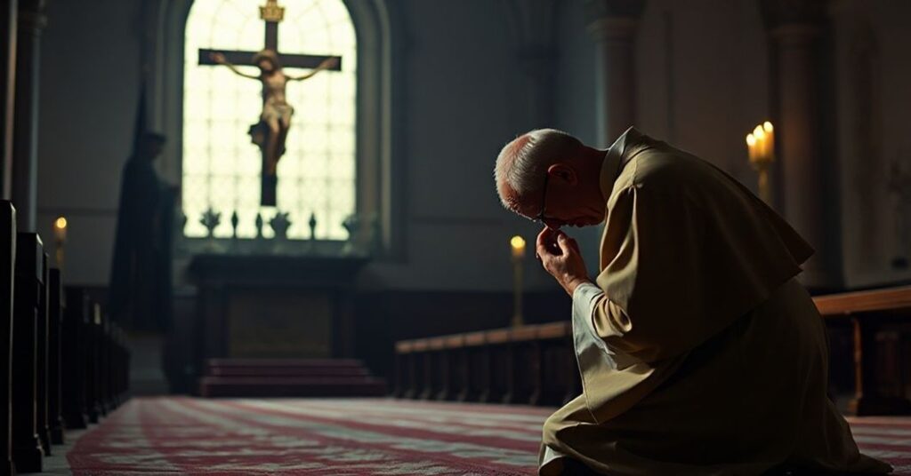 Poważny kapłan modli się przed krzyżem w tradycyjnym stroju liturgicznym.