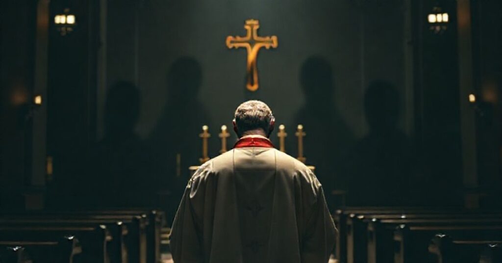 Tradycyjny ksiądz w habitach modli się przed Najświętszym Sakramentem w ciemnym kościele, z zjawiskami seminarianów w tle symbolizującymi kryzys moralny w Archidiecezji Chicago.