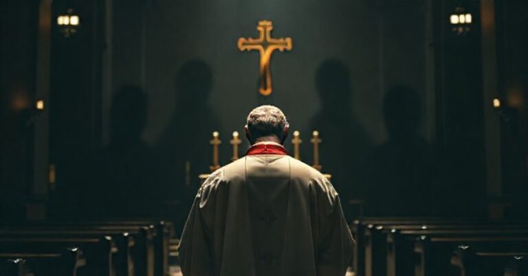 Tradycyjny ksiądz w habitach modli się przed Najświętszym Sakramentem w ciemnym kościele, z zjawiskami seminarianów w tle symbolizującymi kryzys moralny w Archidiecezji Chicago.