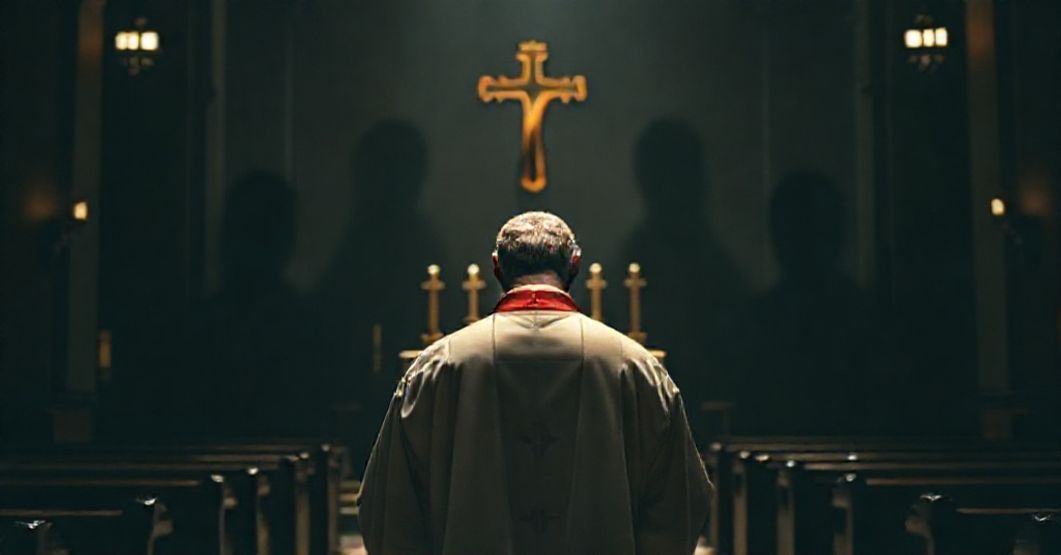 Tradycyjny ksiądz w habitach modli się przed Najświętszym Sakramentem w ciemnym kościele, z zjawiskami seminarianów w tle symbolizującymi kryzys moralny w Archidiecezji Chicago.