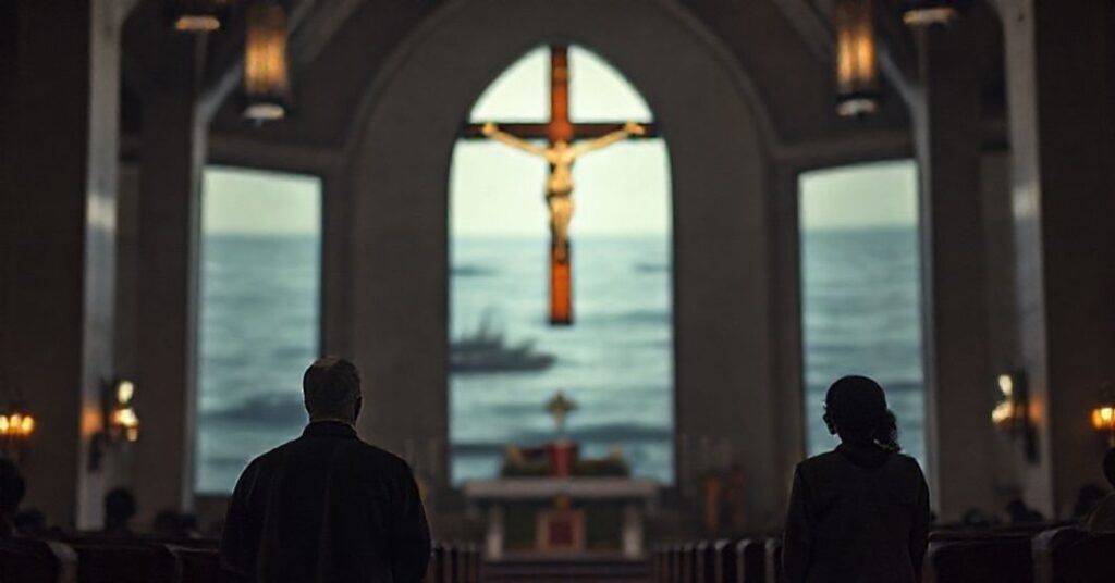 Wnętrze kościoła z wielkim krzyżem w centrum, francuski minister Jean-Nol Barrot i kanadyjska minister Anita Anand w kontemplacji, na tle sceny napięć wojskowych na Karaibach.