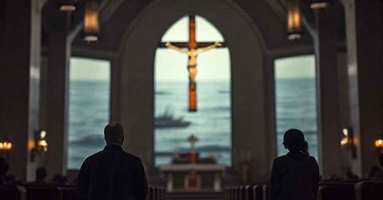 Wnętrze kościoła z wielkim krzyżem w centrum, francuski minister Jean-Nol Barrot i kanadyjska minister Anita Anand w kontemplacji, na tle sceny napięć wojskowych na Karaibach.