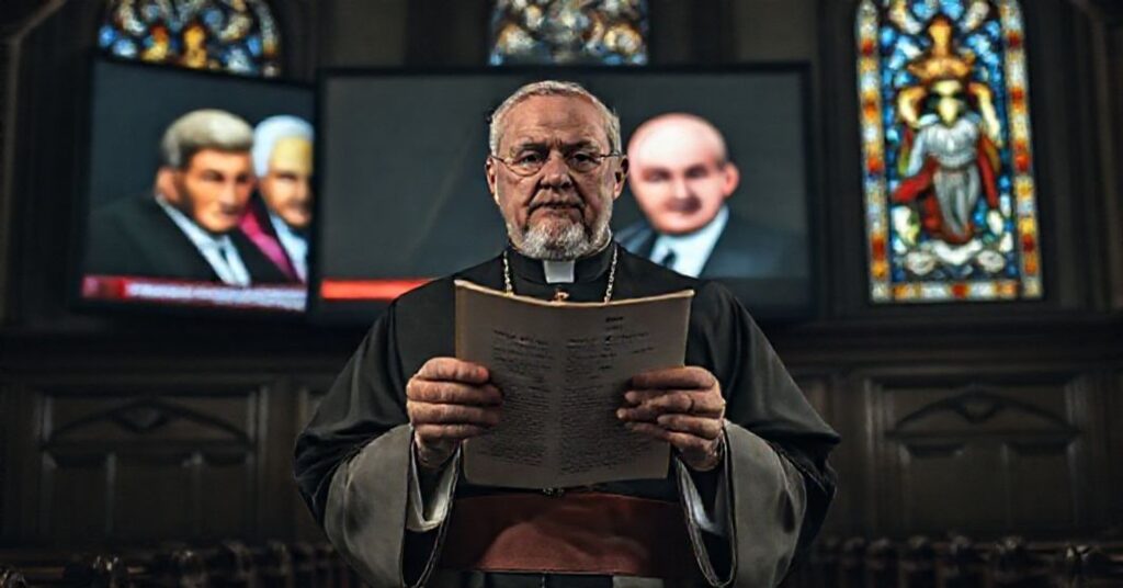 Biskup katolicki w tradycyjnym kościele z encykliką Piusa IX na tle ekranu z negocjatorami w Miami symbolizując kryzys moralny współczesnej dyplomacji