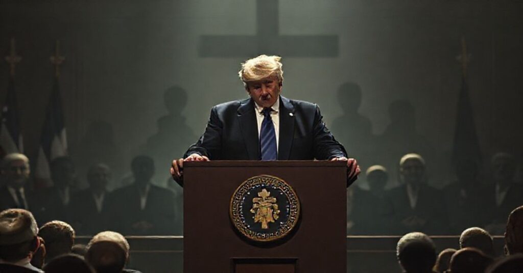 Solemne zdjęcie przedstawiające polityczny i moralny kryzys związany z sprawą Epsteina, z Donaldem Trumpem na estradzie w konserwatywnym otoczeniu.