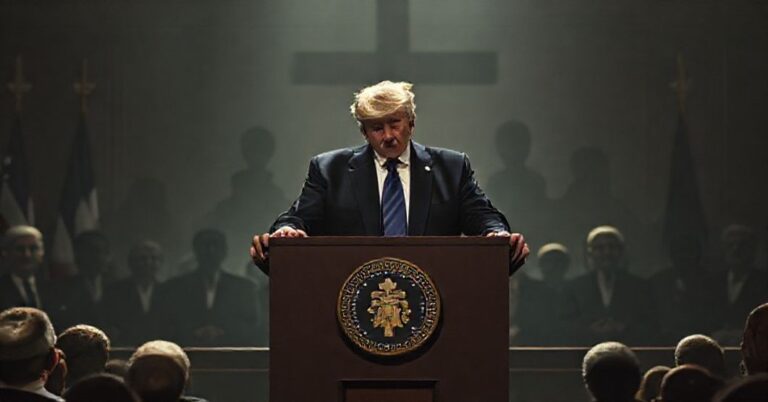 Solemne zdjęcie przedstawiające polityczny i moralny kryzys związany z sprawą Epsteina, z Donaldem Trumpem na estradzie w konserwatywnym otoczeniu.