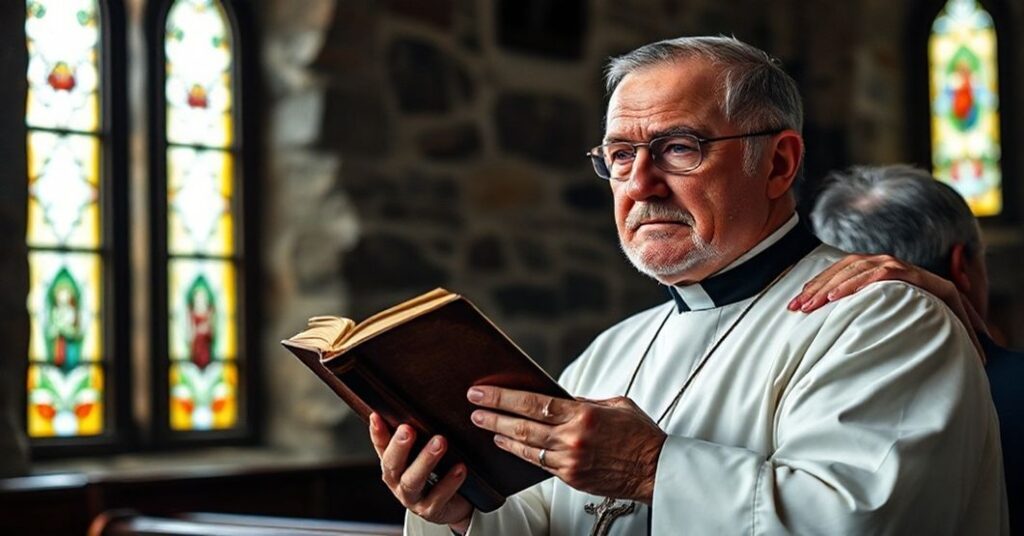 Stary ksiądz w tradycyjnym stroju kościelnym w modlitewnym kościele, wspierający parafianina podczas moralnego kryzysu w Europie.