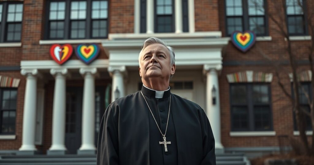 Katolicki nauczyciel w sutannie przed szkołą w Ontario, symbolizujący kryzys moralny i duchową walkę katolickiej edukacji wobec ideologii LGBT.
