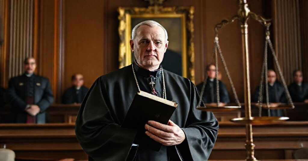 Ksiądz w kleryce przed sądem z Biblią w ręku, w tle portrety polityków z Nowej Nadziei i symbolika biurokracji.