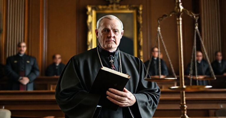 Ksiądz w kleryce przed sądem z Biblią w ręku, w tle portrety polityków z Nowej Nadziei i symbolika biurokracji.