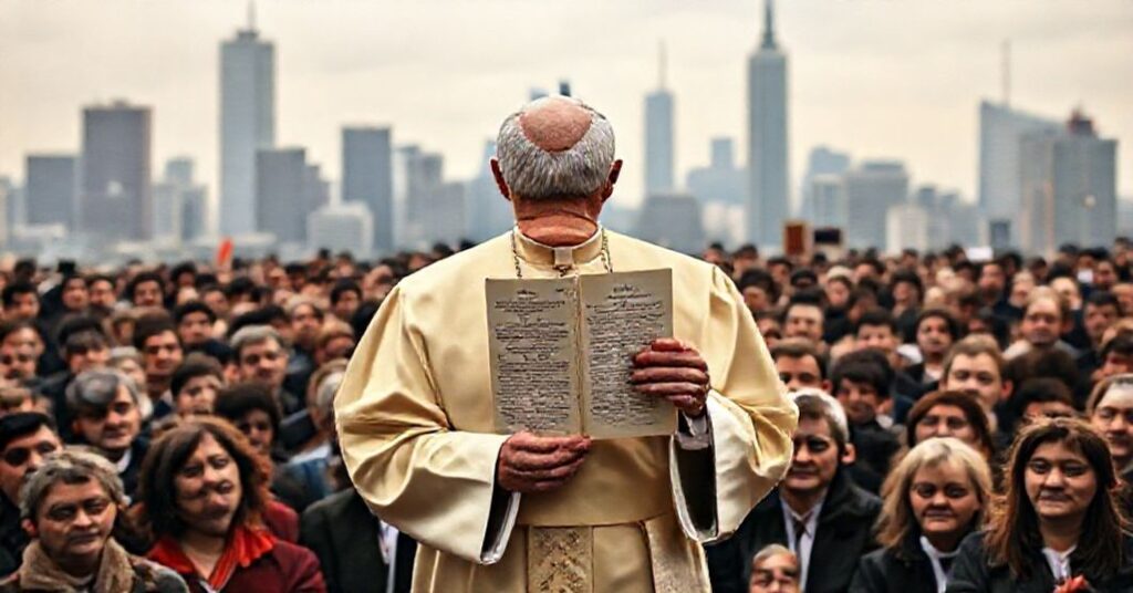 Ksiądz w tradycyjnym ornaty stoi przed zebranym tłumem obywateli na tle miasta w kryzysie gospodarczym.