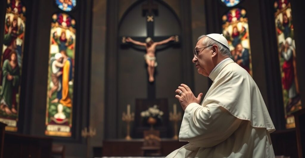 Tradycyjny katolicki biskup w ornaty modlący się przed krzyżem w ciemnym, wystrojonym kaplicy, symbolizujący kryzys moralny w konfliktach terytorialnych.