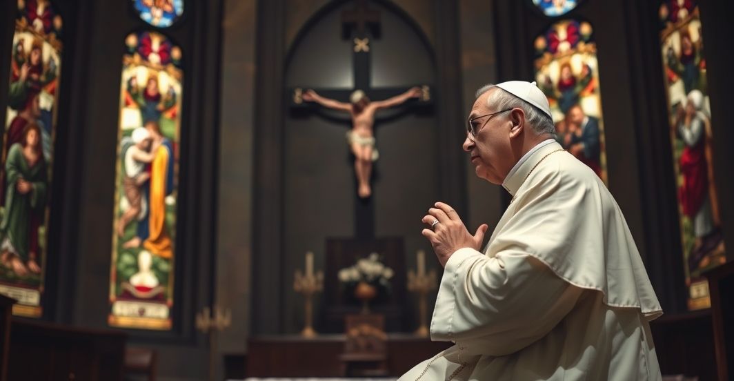 Tradycyjny katolicki biskup w ornaty modlący się przed krzyżem w ciemnym, wystrojonym kaplicy, symbolizujący kryzys moralny w konfliktach terytorialnych.