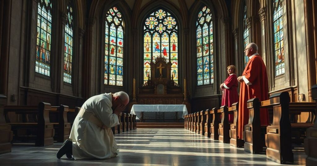 Wnętrze katedry z ołtarzem w tle i modlącym się księdzem na pierwszym planie symbolizujące kryzys moralny w Kościele