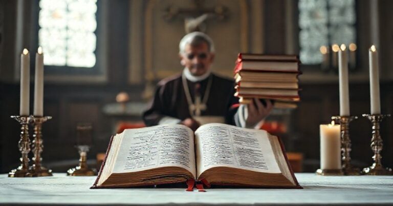 Smutny obraz tradycyjnego ołtarza z otwartą Biblią do Galatów 5:17 po bokach świecami i krzyżem. Na tle rozmyte i niewidoczne stoi figura Viktora Manuela Fernándeza z jego skandalicznymi pismami.