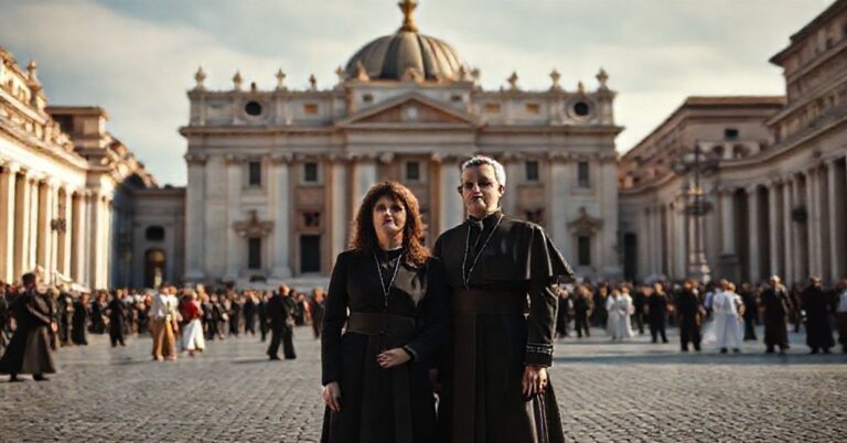 Silvia Carlucci i Domenico Fabiani na Placu św. Piotra w Watykanie, symbolizujący kryzys moralny w instytucjach watykańskich.
