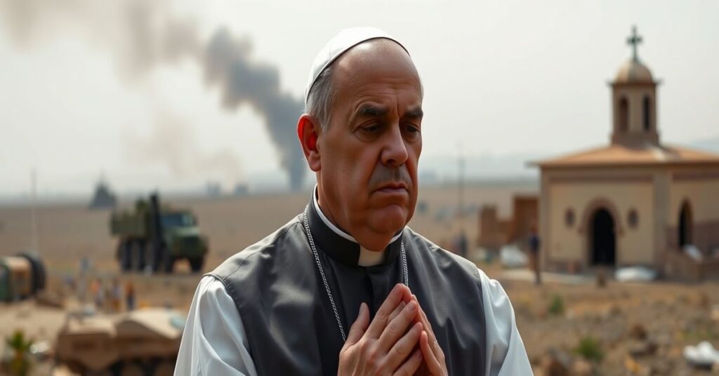 Kleryk w tradycyjnym stroju modli się przed zniszczonym krajobrazem Bliskiego Wschodu, symbolizując kryzys moralny i duchowy wojny bez odniesienia do Chrystusa Króla