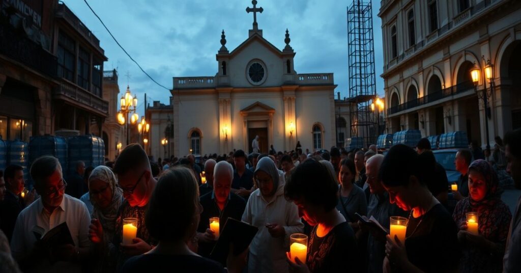 Tradycyjne katolickie widzenie kryzysu na Kubie - wierni modlą się przed kościołem w Hawanie o Boże wsparcie podczas awarii energetycznej i niedoborów wody