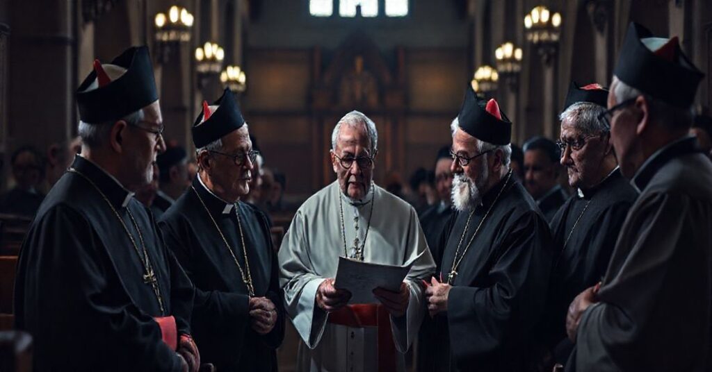 Poważne zebranie duchowieństwa w tradycyjnym kościele z widocznymi elementami kryzysu posoborowej Kościoła.