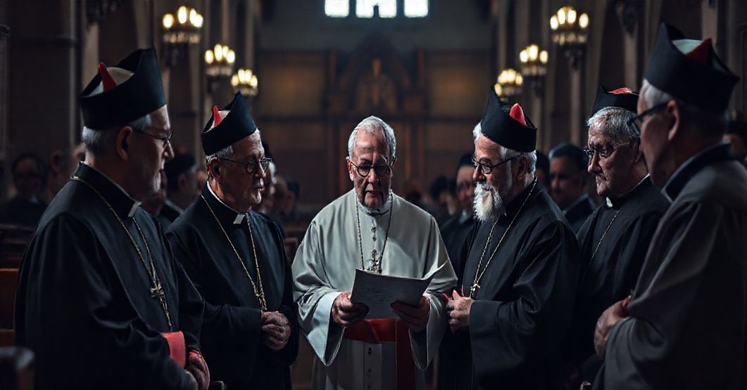 Poważne zebranie duchowieństwa w tradycyjnym kościele z widocznymi elementami kryzysu posoborowej Kościoła.