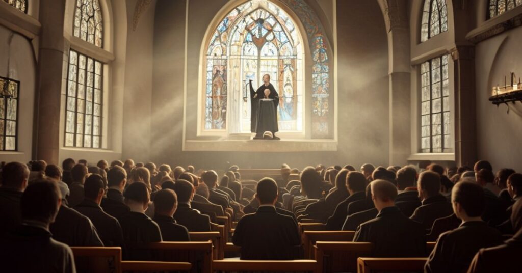 Wnętrze kościoła podczas kazania o kryzysie ochrony zdrowia z perspektywy katolickiej