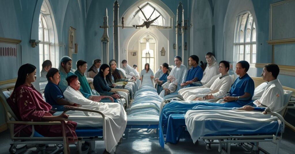 Pacjenci w szpitalnych łóżkach otoczeni personelami medycznymi w tradycyjnym katolickiem szpitalu. Scena przedstawia głęboki kryzys opieki zdrowotnej z braku uznania społecznego panowania Chrystusa Króla.